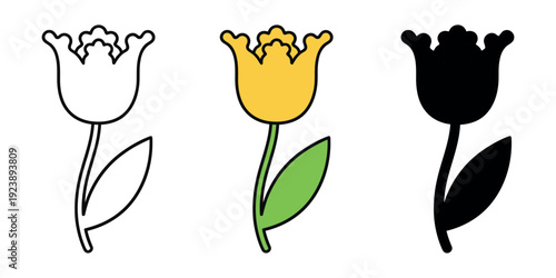 Yellow parrot tulip icon set. Stylized spring flower in three versions: line art, flat color, and black silhouette.