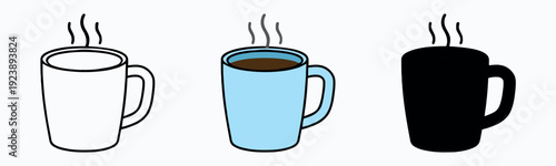 Blue coffee mug icon set. Hot beverage cup with steam shown in line art, flat color, and solid silhouette styles.