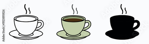 Ceramic teacup and saucer icon set. Hot drink cup with steam in line art, sage green color, and silhouette styles.