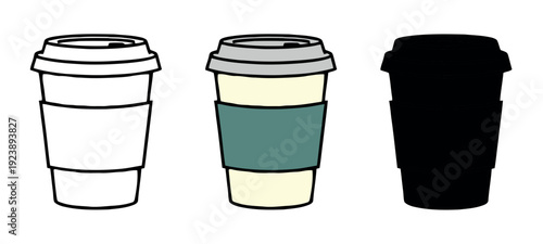 Paper coffee cup icon set. Takeaway container with sleeve and lid in outline, flat color, and silhouette versions.