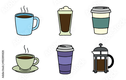 Coffee and tea beverage icon set. Various cups, mugs, take-out containers, and a french press in a colorful style.