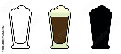 Iced coffee or latte glass icon set. Tall glass with foam topping in line art, flat color, and silhouette variations.