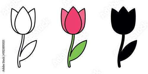 Pink tulip icon set. Vibrant spring flower illustrated in outline, flat color, and solid silhouette formats.