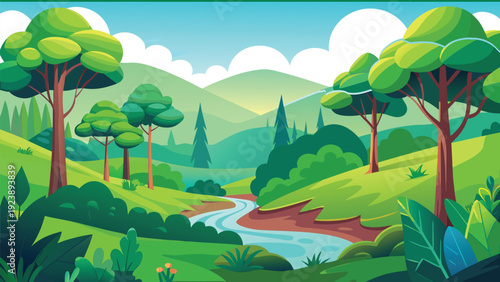 A serene landscape featuring a tranquil river winding through a lush, green forest valley.
