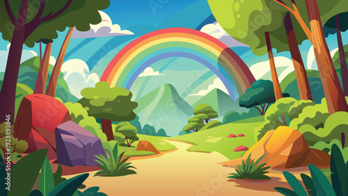 Whimsical fantasy forest path with a vibrant rainbow archway and lush greenery.