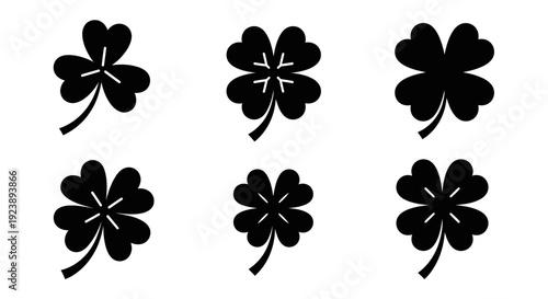 Set of Black Clover Icons: Four-Leaf and Three-Leaf Clovers