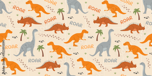 Seamless pattern with dinosaurs and palm trees. Vector illustration