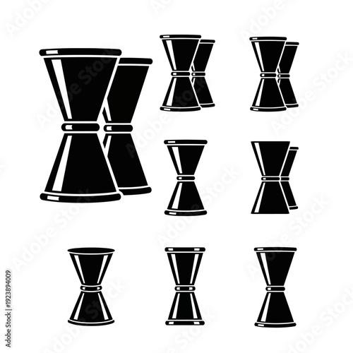 Set of Black Jiggers, Bar Tools, Cocktail Shakers, Measuring Cups for Drinks
