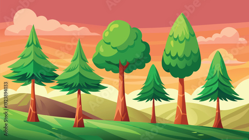 Whimsical cartoon landscape with vibrant trees and a colorful sky