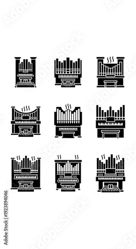 Set of Black Organ Icons: Musical Instruments, Vintage and Modern Designs