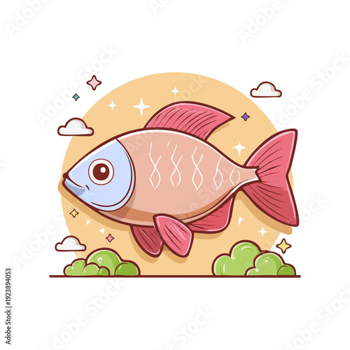 Charming pink fish cartoon illustration swimming gracefully in a delightful aquatic scene with playful clouds and shiny stars