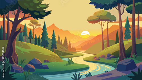 Serene sunset over a peaceful forest stream amidst golden light