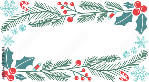 Christmas Decorative Border with Holly, Candy Canes, and Snowflakes