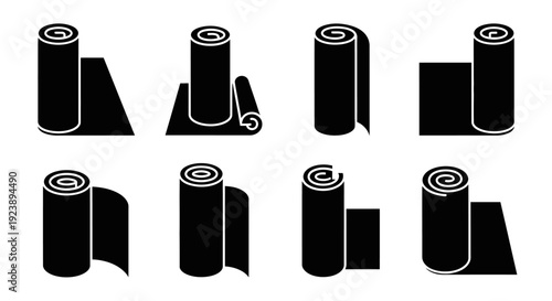 Set of Black Roll Icons: Paper, Fabric, Carpet, Mat, Material Rolls