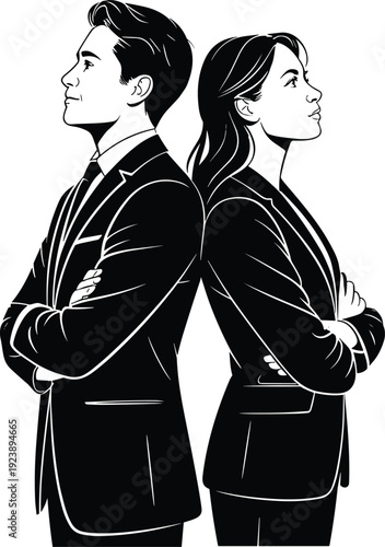 Black and white vector illustration of two business professionals standing back-to-back in suits with crossed arms, corporate teamwork or rivalry concept, high resolution artwork.