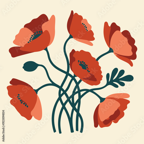 Stylized red poppy flower vector illustration. Six blooming poppies with dark green stems and leaves on a cream background.