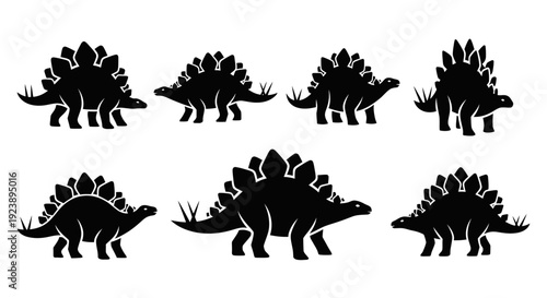 Set of Black Stegosaurus Dinosaur Silhouettes on White Background, Vector Illustration