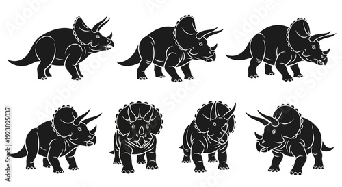 Set of Black Triceratops Dinosaur Silhouettes on White Background