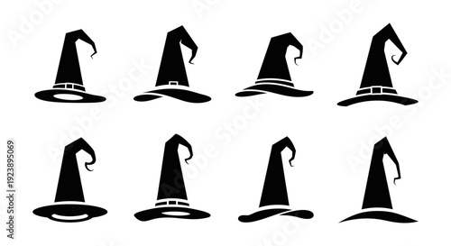 Set of Black Witch Hats Icons, Halloween Symbols, Vector Graphics