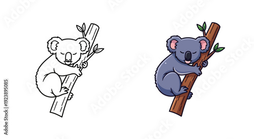 Adorable sleeping koala bear cartoon character hugging a eucalyptus tree branch shown in both line art and full color illustration style