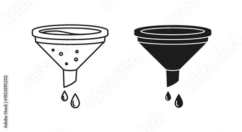 Two distinct icons representing a pouring funnel with dripping liquid illustrate separation and filtration concepts in outline and solid form