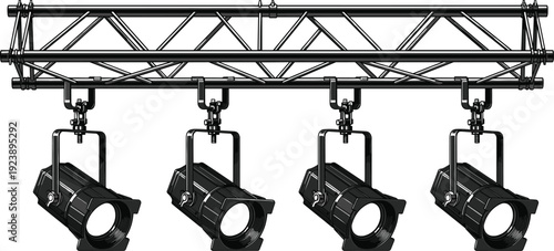 Set of professional stage spotlights hanging on a metal truss system isolated on white background, theater lighting equipment for events, concerts, and shows.