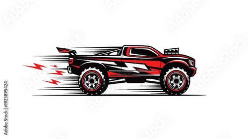Dynamic red monster truck racing with speed lines and lightning effects vector illustration on white background