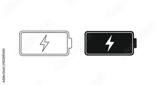 Set of isolated black and white battery charging icons displaying a central lightning bolt symbol for power indication