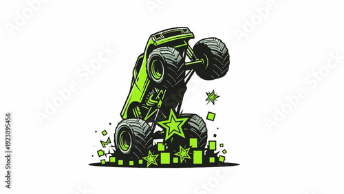Dynamic green monster truck performing a wheelie with stars and debris, presented as a vibrant vector illustration on a white background.