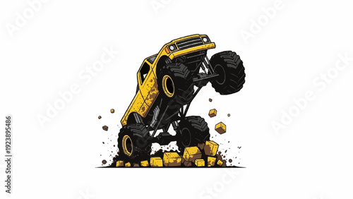 Dynamic yellow monster truck vector illustration jumping over dirt and rocks, showcasing off-road power and extreme sports concept.
