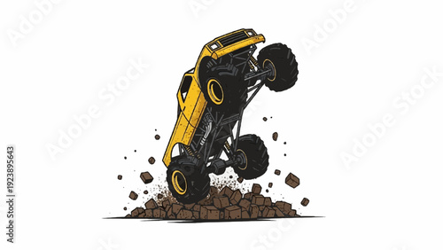 Dynamic yellow monster truck performing a powerful wheelie, kicking up dirt, isolated vector graphic.