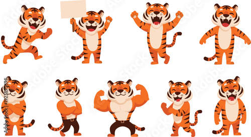 Strong Tiger Mascot Cartoon Character Poses Collection with Flexing Muscles Holding Banner Roaring and Celebrating Funny Animal Vector Set Police Stop
