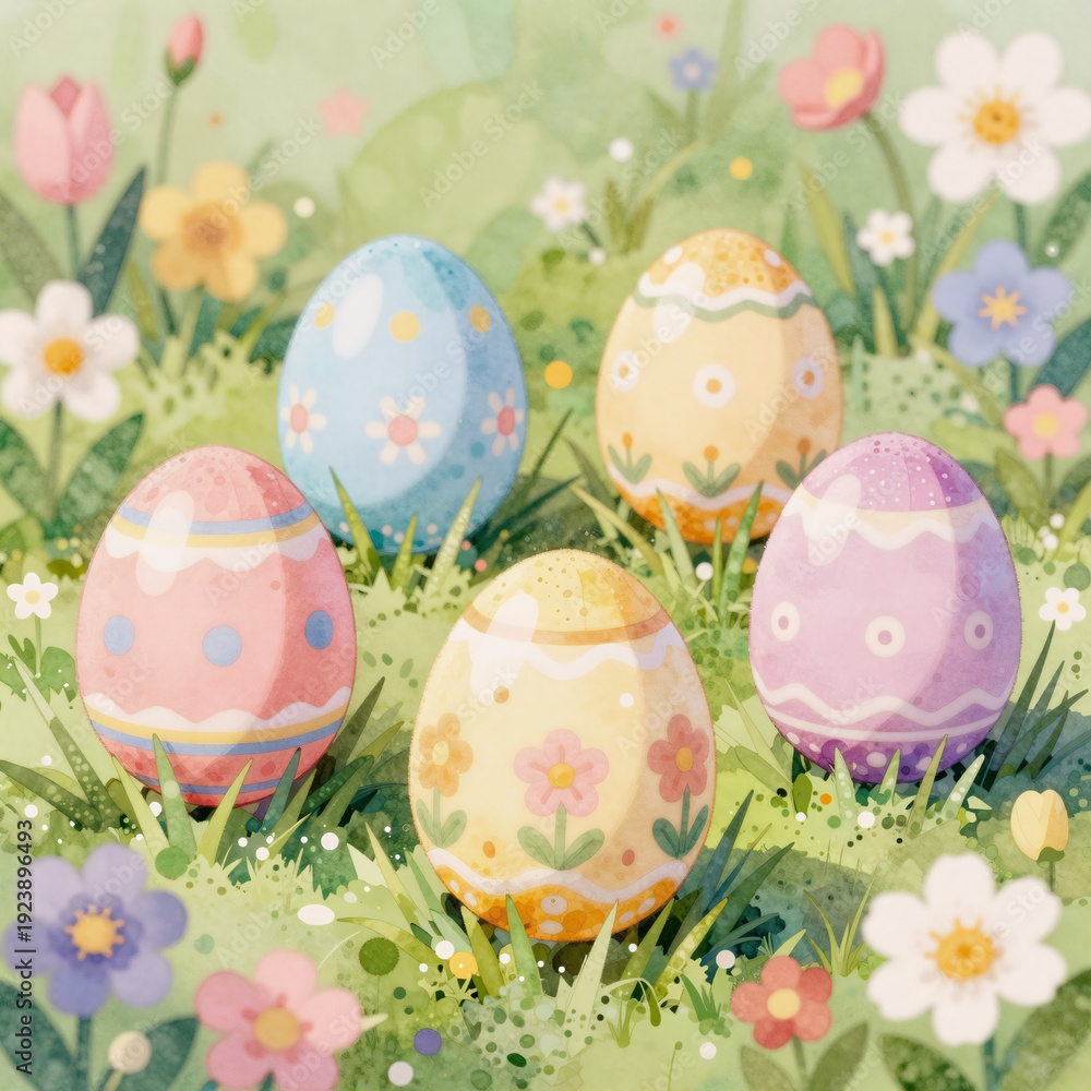 Fototapeta premium mosaic, watercolor spring illustration featuring 4 easter egg easter eggs