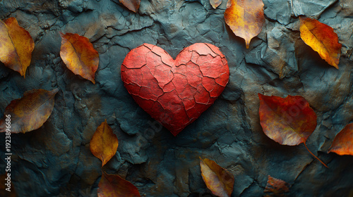  Red paper heart on textured background with fallen petals.