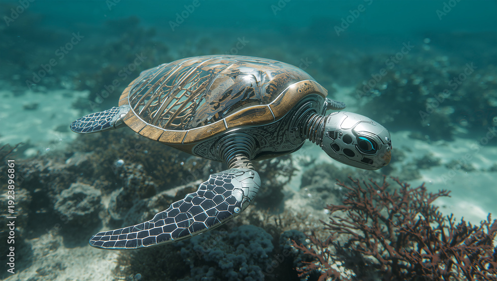 Obraz premium サンゴの浅瀬を滑空するスケルトンロボットウミガメの3DCG