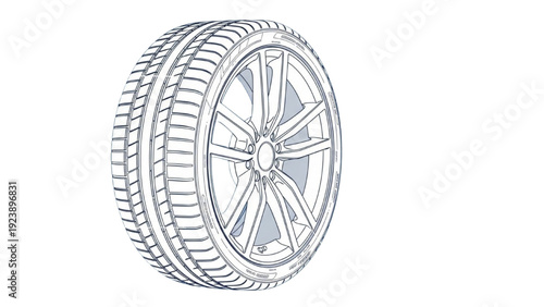 Detailed vehicle autocad blueprint of a wheel featuring tire and rim design in a technical isometric view