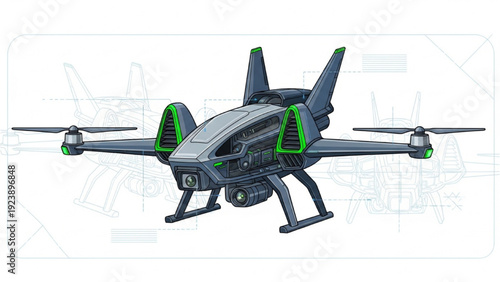 Detailed vehicle autocad blueprint of a futuristic drone in isometric view, showcasing advanced technology