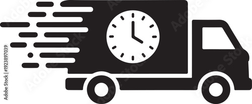 A black and white image of a delivery truck with a clock on the side
