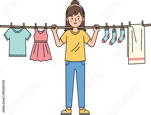 Woman Hanging Clean Laundry on Clothesline Cartoon Character with Washed Shirt Dress Socks and Towel Household Chore Flat Vector Illustration Police Stop