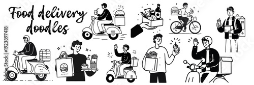 Collection of food delivery drivers riding bike and scooter with fast food orders in modern black and white doodle illustration set