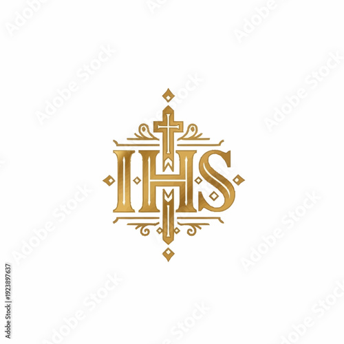 Golden IHS Monogram with Cross and Ornate Flourishes.