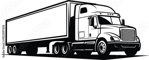 Black and white semi truck trailer vector illustration with detailed freight transport vehicle isolated on light background