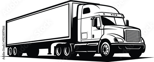 Black and white semi truck trailer vector illustration with detailed cargo transport vehicle isolated on light background