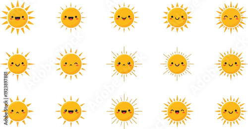 A collection of cartoon sun faces displaying various emotions and expressions in a grid format on a clean white background.