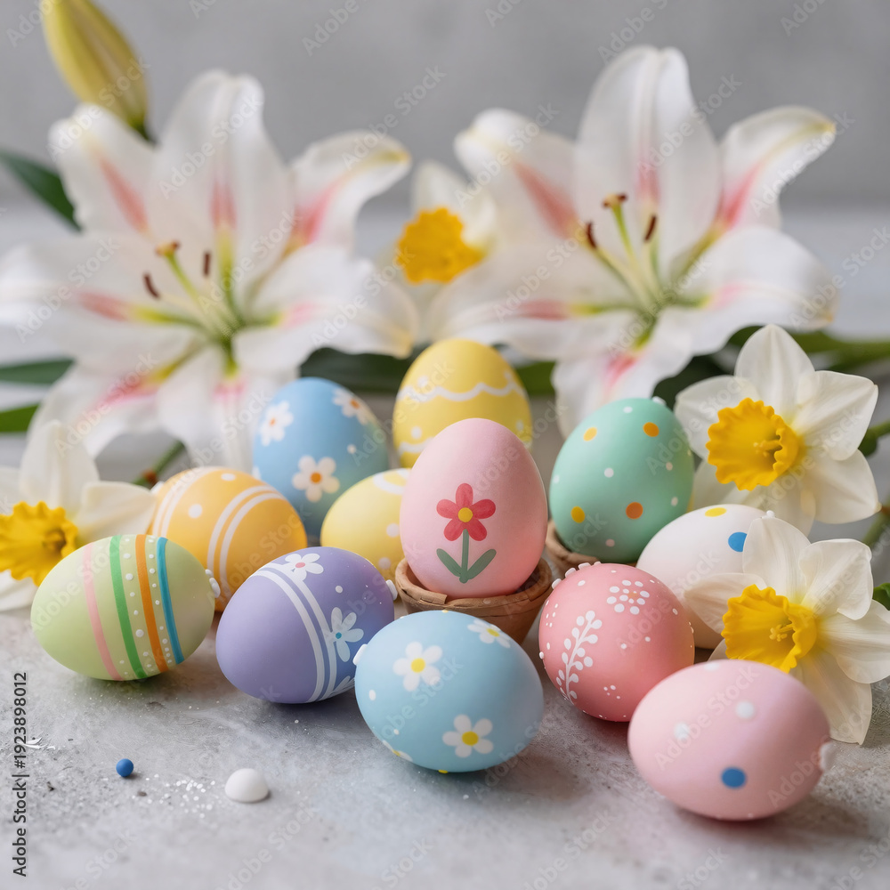 Fototapeta premium baroque, spring holiday-themed easter eggs and flower decorations
