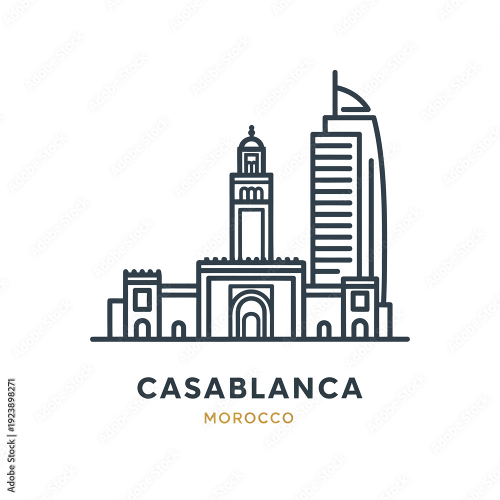 Fototapeta premium Minimalist Line Art Illustration of Casablanca City Skyline, Morocco