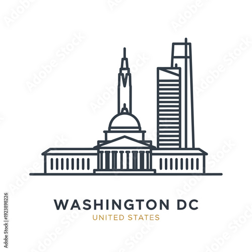 Minimalist Line Art of Washington DC Skyline with Iconic Landmarks