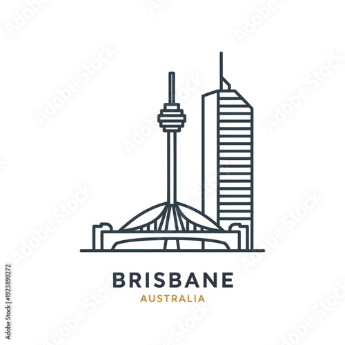 Minimalist Outline Illustration of Brisbane Skyline with Iconic Structures