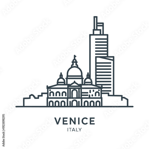 Stylized Line Drawing of Venice Skyline with Historical and Modern Buildings