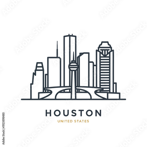 Minimalist Line Drawing of Houston Skyline with Skyscrapers